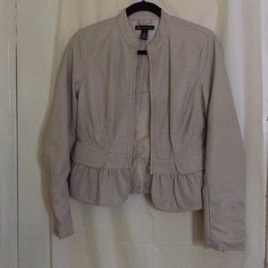 INC leather like ruffle hem jacket, size small.